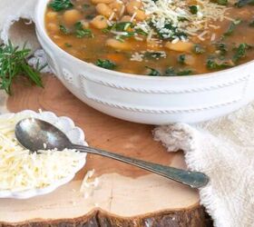 tuscan white bean soup, Tuscan White Bean soup with a sprinkling of parmesan cheese in a white bowl