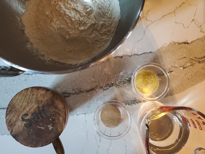chicago tavern style pizza, Ingredients for pizza dough on a counter