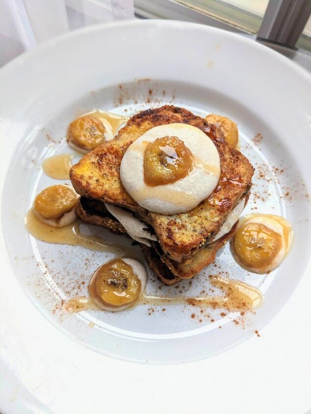 french toast with sweet whipped cottage cheese caramelized banana