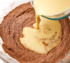the best vegan brownies, Wet ingredients being poured into dry ingredients to make brownies