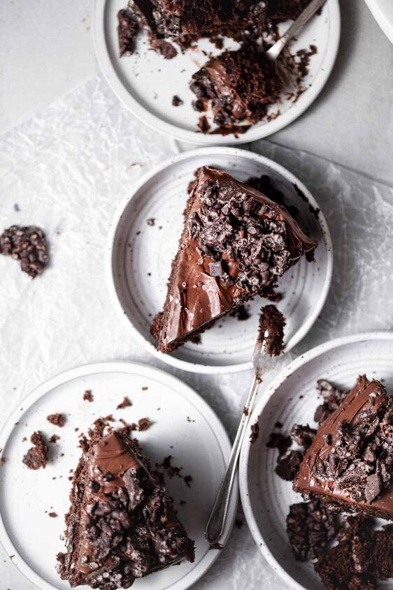 moist chocolate crunch cake with rice krispies, chocolate crunch cake on plates