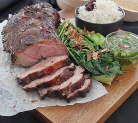 bbq asian pork, Asian BBQ pork dish served with greens rice and Asian salsa