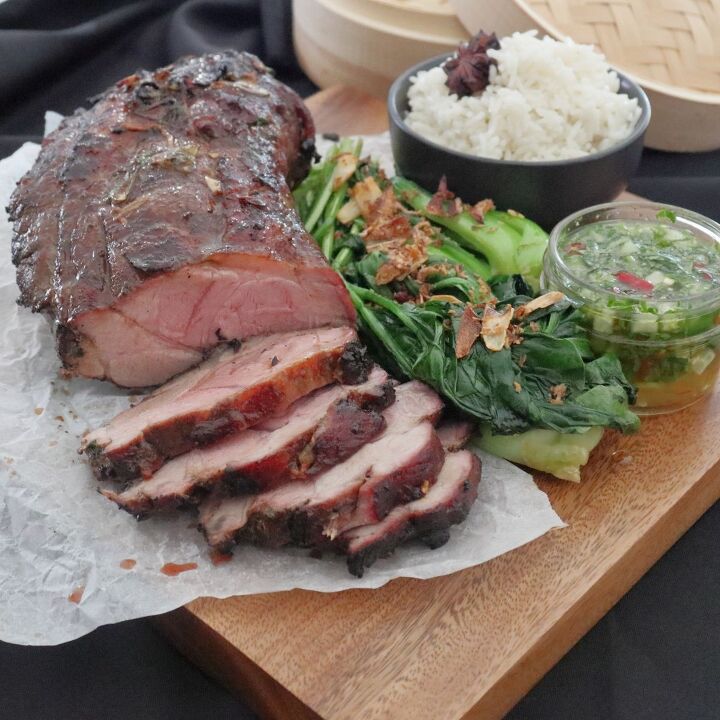 bbq asian pork, Asian BBQ pork dish served with greens rice and Asian salsa