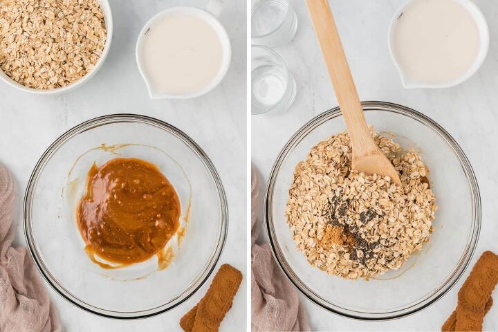 creamy biscoff overnight oats, Mixing the cookie butter and maple syrup And added the oats and chia seeds to the mixture