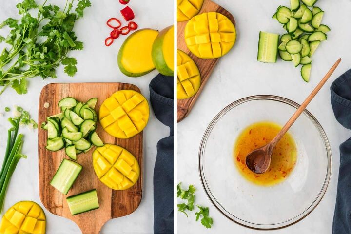 fresh mango cucumber salad recipe, Cutting the cucumber and mango on a cutting board Mixing the dressing ingredients together