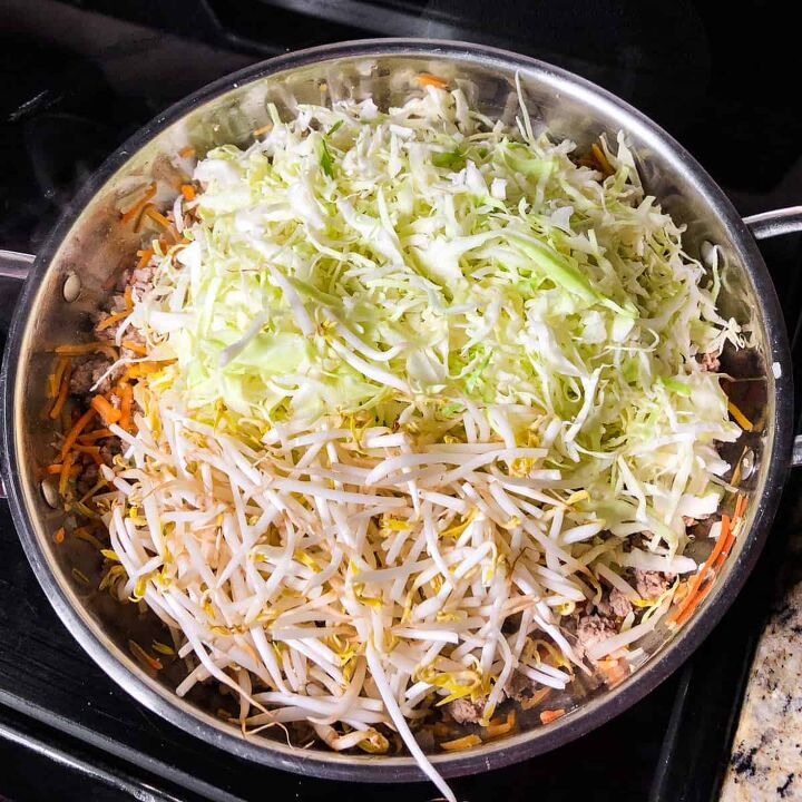 inside out egg rolls, Stir in the cabbage and bean sprouts