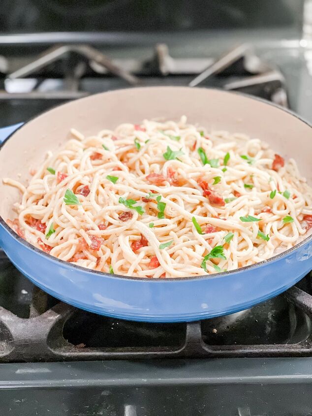carbonara wine pairings easy holiday recipe, Carbonara pasta in pan on stove