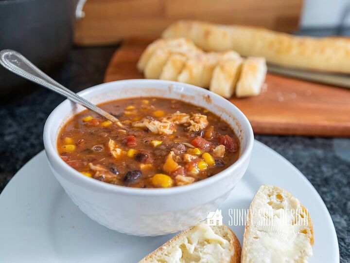easy hearty soup recipe like comfort in a bowl, Bowl of easy and hearty soup with black beans corn and chicken breast