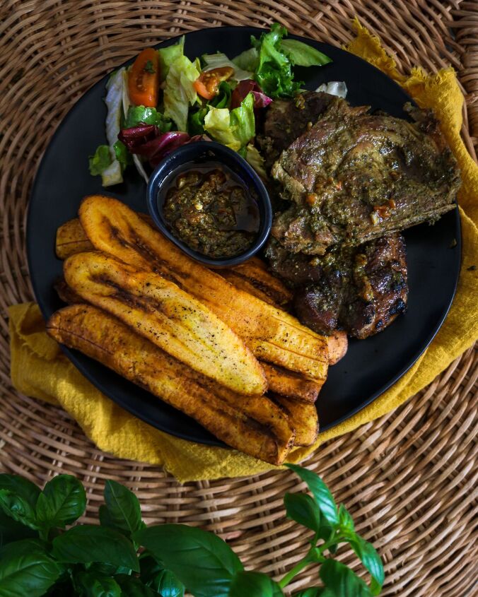 fried ripe plantains with quatre epices, Plantain and Pork cutlets