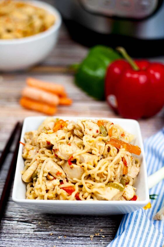 instant pot ramen noodle stir fry, High angle shot of a bowl of chicken ramen noodle stir fry made in an instant pot