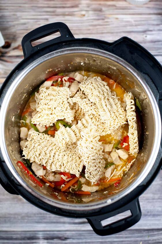 instant pot ramen noodle stir fry, Add the noodles broth and seasonings