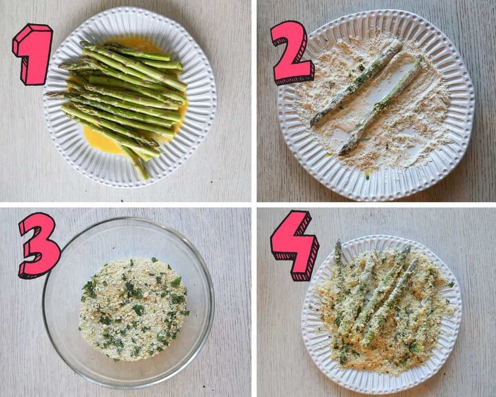 crispy gluten free air fryer asparagus fries, process shots showing how to dredge air fryer asparagus fries in bread crumbs