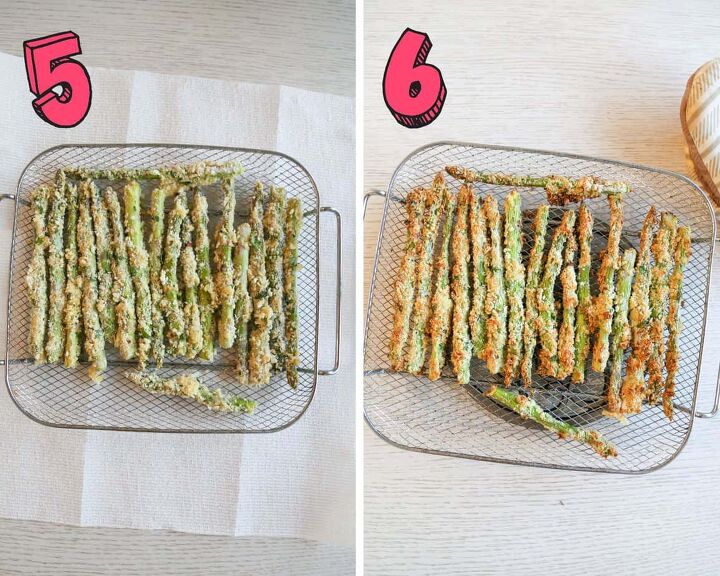 crispy gluten free air fryer asparagus fries, photos of air fryer asparagus fries before and after they are cooked in the air fryer basket