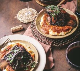 braised beef short ribs, Beef short ribs surrounded by red wine and wine glasses
