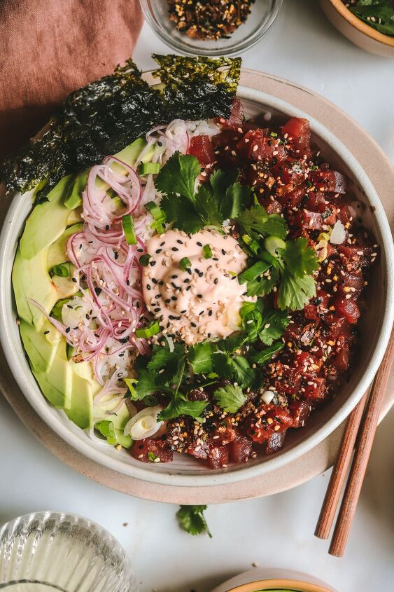poke bowl with spicy mayo, A Pok bowl with ahi tuna and various toppings