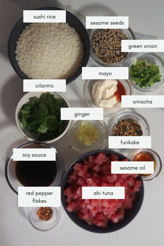 poke bowl with spicy mayo, The ingredients for a poke bowl labeled