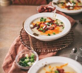 easy potato soup recipe, The bowls of potato soup with bacon green onions and cheddar