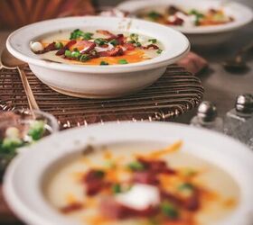 easy potato soup recipe, Potato soup bowls with toppings of bacon onion and sour cream