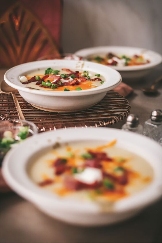 easy potato soup recipe, Potato soup bowls with toppings of bacon onion and sour cream