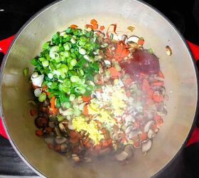 vegetable miso soup, Add in the aromatics and gochujang stirring constantly