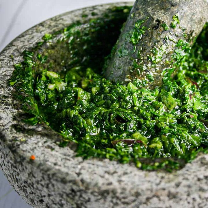 flank steak with chimichurri, Chimichurri in a mortar and pestle