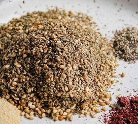 za atar grilled chicken thighs, Close up photograph of spices for Za atar grilled chicken thighs