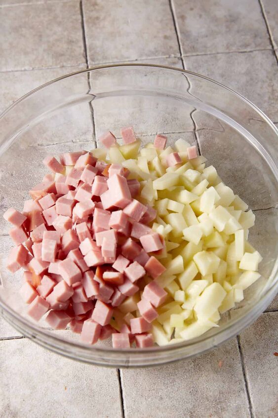 ham and cheesy potato casserole, Cut the potatoes and ham the same size
