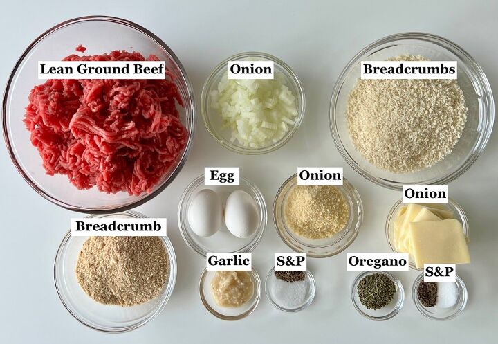 polpettone cheese stuffed meatballs, Ingredients prepared and measured out in bowls and labels in the image for Polpettone recipe