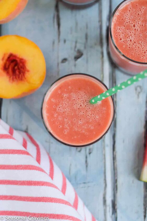 watermelon peach smoothie, Watermelon Peach Smoothie in a glass with a green straw