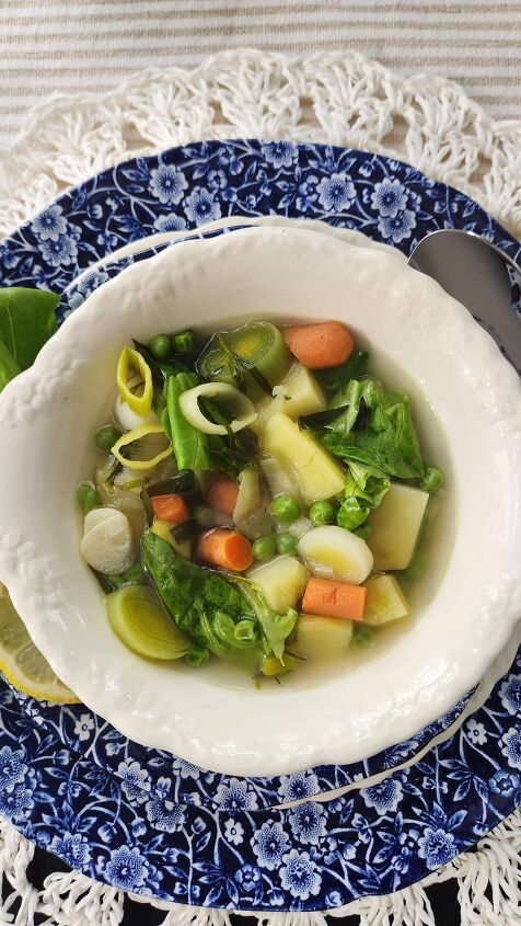 easy french onion soup recipe, vegetable soup with spring lettuce in bowl