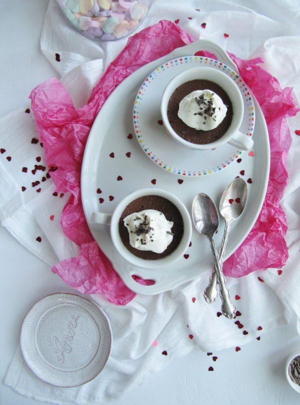 chocolate ganache mousse, Vegan chocolate ganache mousse in 2 cups with hearts on a white tray