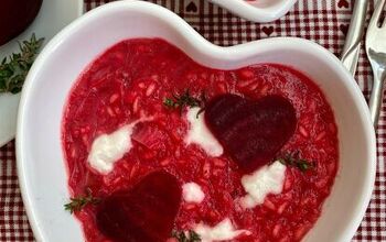 Pink Risotto With Beetroot Hearts And Burrata Cheese Clouds