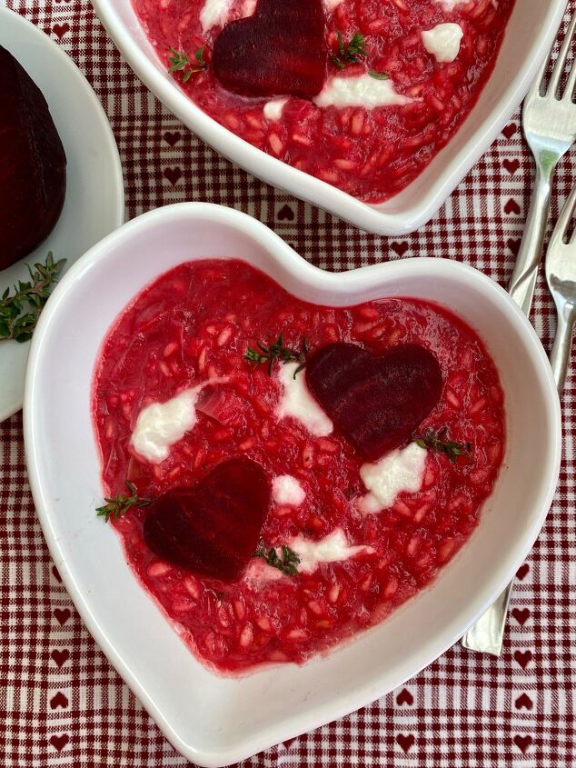 pink risotto with beetroot hearts and burrata cheese clouds