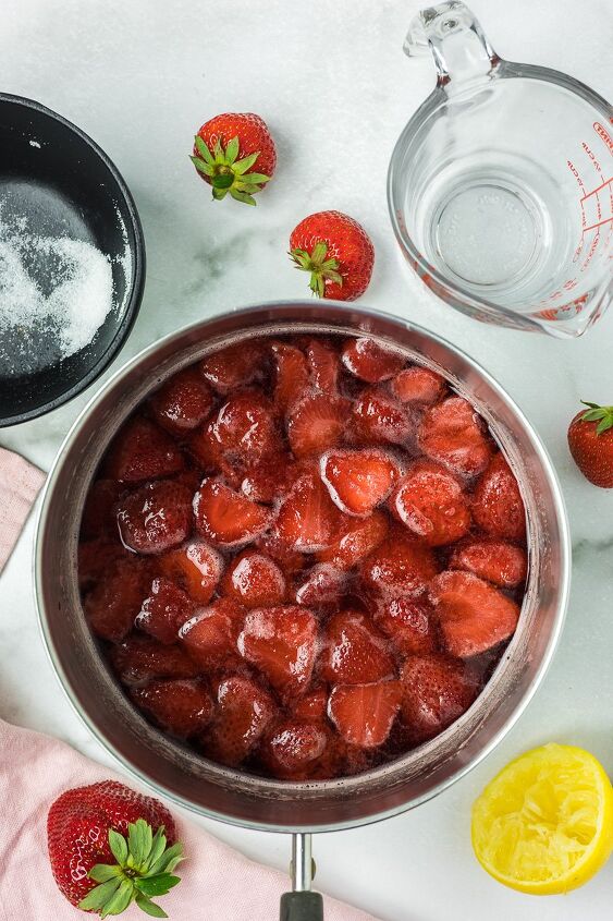 strawberry simple syrup, Strawberries in a sauce pan after cooking to create simple syrup
