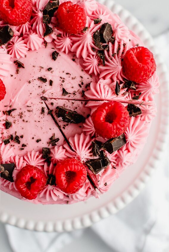 raspberry chocolate layer cake for two, Top of a small raspberry chocolate layer cake on a white cake plate