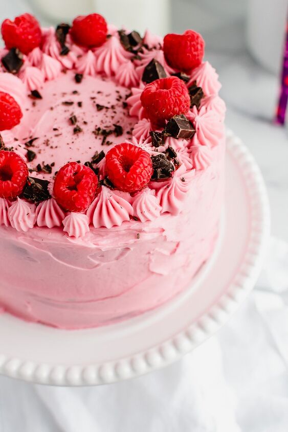 raspberry chocolate layer cake for two, Raspberry chocolate layer cake on a white cake plate