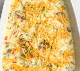 easy cheesy sausage egg bake, unbaked egg casserole with white casserole dish