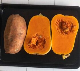 the perfect mashed butternut squash sweet potato, The sweet potato and butternut squash on a baking sheet before baking
