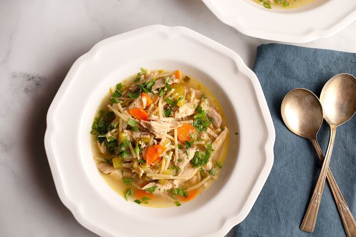 chicken noodle soup, Single serving of Chicken Noodle Soup in a soup plate
