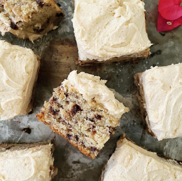 banana chocolate chip cake with peanut butter cream cheese frosting