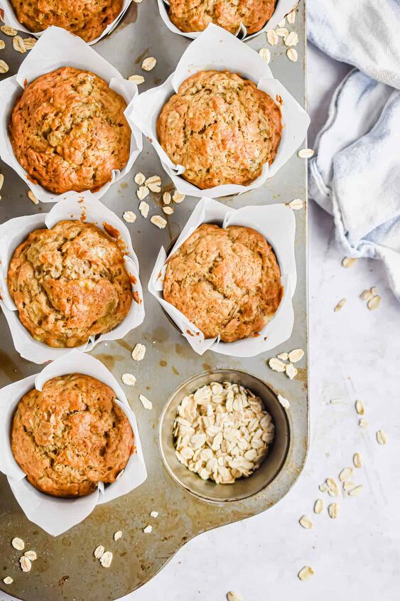 easy banana oatmeal muffins, An overhead shot of the muffins in a muffin tin