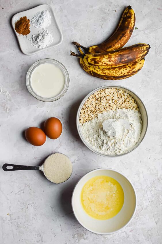 easy banana oatmeal muffins, An overhead shot of the ingredients for banana oatmeal muffins