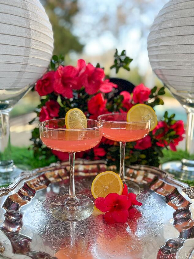 the masters azalea cocktail, Pink Azalea martinis served in coupe glasses on a silver tray