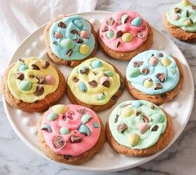 chocolate chip mini egg cookies, mini egg cookies on a platter