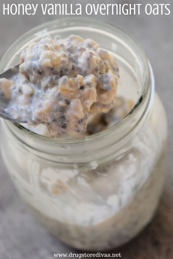 A spoon lifting overnight oats out of a mason jar with the words Honey Vanilla Overnight Oats digitally written on top