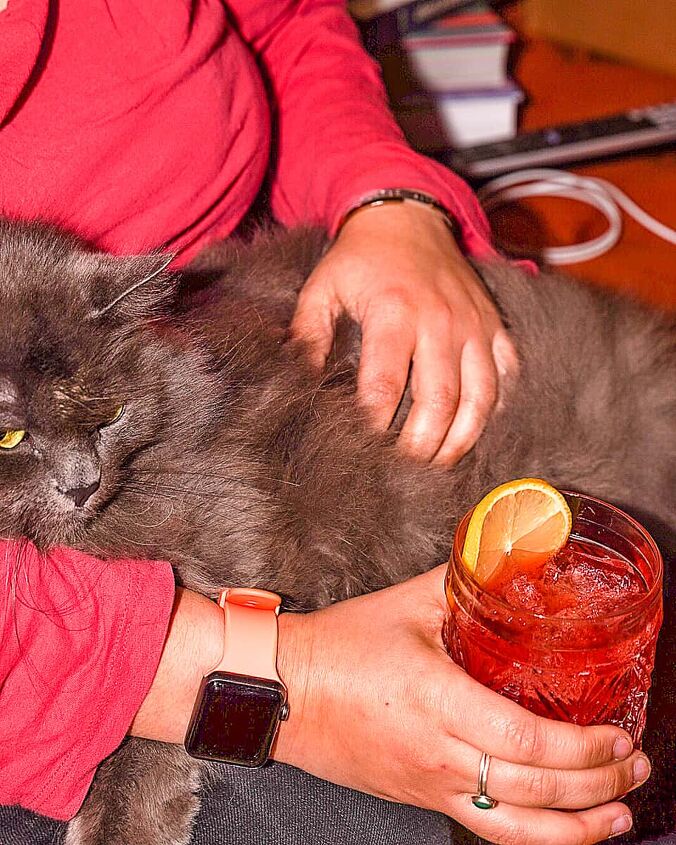 negroni sbagliato, person in pink long sleeve top holding a grey at and a glass of Red liquid with a lemon wheel garnish on a marble tray on an orange couch