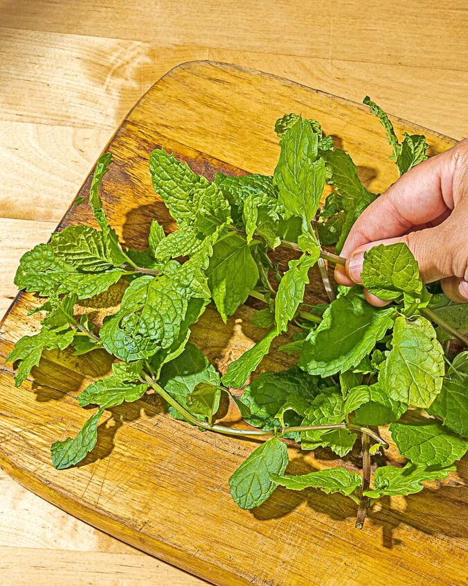 how to make herbed salt, person holding a sprig of mind with a pile of mild sprigs on a wooden cutting board