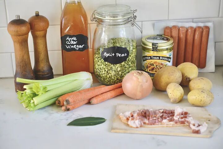 authentic german split pea soup erbsensuppe, ingredients for split pea soup celery carrots potatoes bacon onion split peas bouillon sausages bay leaf vinegar salt pepper