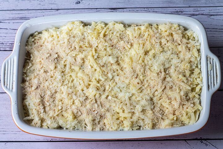 easy creamy fish pie with spinach, fish pie assembled and ready to be baked