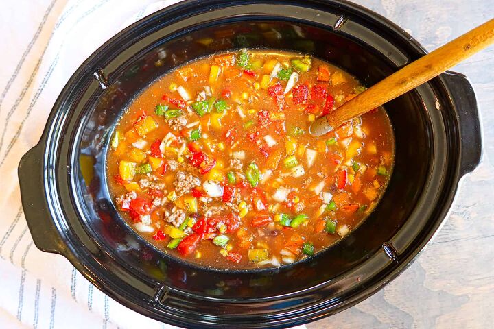 healthy stuffed pepper soup crockpot or stovetop, Broth mixed into ingredients in crockpot